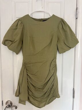 Puff-Sleeve Olive Ruched Mini Dress - Women